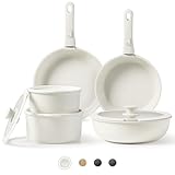 CAROTE Pots and Pans Set Non Stick, Cookware Sets Nonstick, 11pcs Kitchen Set, Oven Safe, Induction Ready, Stackable Non-stick Set with Removable Handle, RV Set with Detachable Handle, Cream White