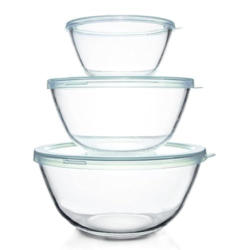 Luvan Glass Mixing Bowl with Lids Set(4.5QT,2.7QT,1.1QT), 3PC Large Glass Mixing Bowls Set, Glass Nesting Bowls, Clear Salad Mixing Bowl for Kitchen, Storage, Cooking, Baking, Prepping,Dishwasher Safe