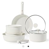 CAROTE Pots and Pans Set Non Stick, Cookware Sets, 11pcs Kitchen Set, Oven/Fridge Safe, Space Saving Pots Set, Nonstick Cooking Set with Versatile Detachable Handle, Induction RV Set, Cream White