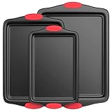 NutriChef 3-Piece Nonstick Kitchen Oven Baking Pans - Premium & Stylish Non-Stick Steel, Commercial Grade Restaurant Quality Metal Bakeware with Red Silicone Handles - Easy to Clean, NCSBS3S