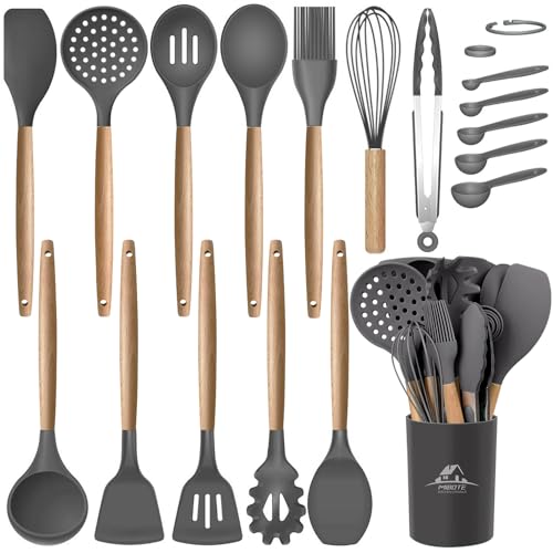 MIBOTE 17 Pcs Silicone Cooking Kitchen Utensils Set with Holder, Wooden Handles Silicone Turner Tongs Spatula Spoon Kitchen Gadgets Utensil Set for Nonstick Cookware (Grey)