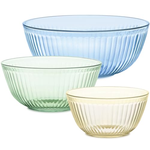 Pyrex Colors (3-Pack) Sculpted Tinted Unlidded Small/Medium/Large Glass Mixing Bowls, Nesting Space Saving Set of Bowls For Prepping and Baking, 1.3QT, 2.3QT & 4.5QT