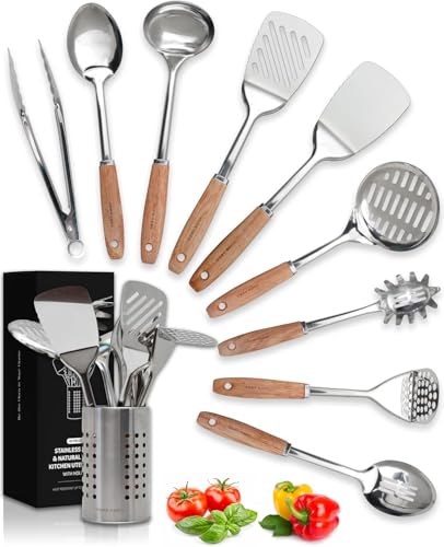 Home Hero 10 Pcs Stainless Steel Cooking Utensils, Stainless Steel Utensils Set, Stainless Steel Kitchen Utensils, Stainless Steel Cooking Utensils Set, Wood Metal Cooking Utensils Set (Wood)