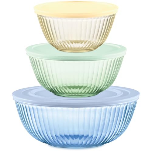 Pyrex Colors (3-Pack, Full Set) Sculpted Tinted Glass Mixing Bowls With Lids, Nesting Space Saving Set of Bowls For Prepping and Baking, 1.3QT, 2.3QT & 4.5Q
