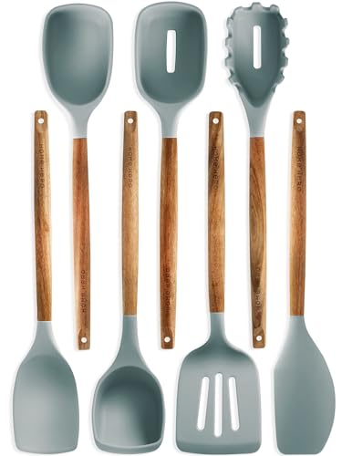 Home Hero 33 Pcs Kitchen Cooking Utensils Set, Non-Stick Silicone Cooking Kitchen Utensils Spatula Set with Holder, Wooden Handle Silicone Kitchen Gadgets Utensil Set (8 Pcs - Gray)