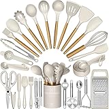 Umite Chef Silicone Kitchen Utensil Set, 34PCS Heat Resistant Kitchen Gadgets and Tools With Grater, Wood Handles for Nonstick Cookware