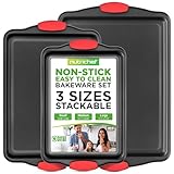 NutriChef 3-Piece Nonstick Kitchen Oven Baking Pans - Premium & Stylish Non-Stick Steel, Commercial Grade Restaurant Quality Metal Bakeware with Red Silicone Handles - Easy to Clean, NCSBS3S